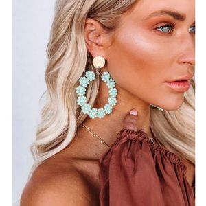VICI Beaded Flower Drop Hoop Aqua/Turqoise and Gold Earring